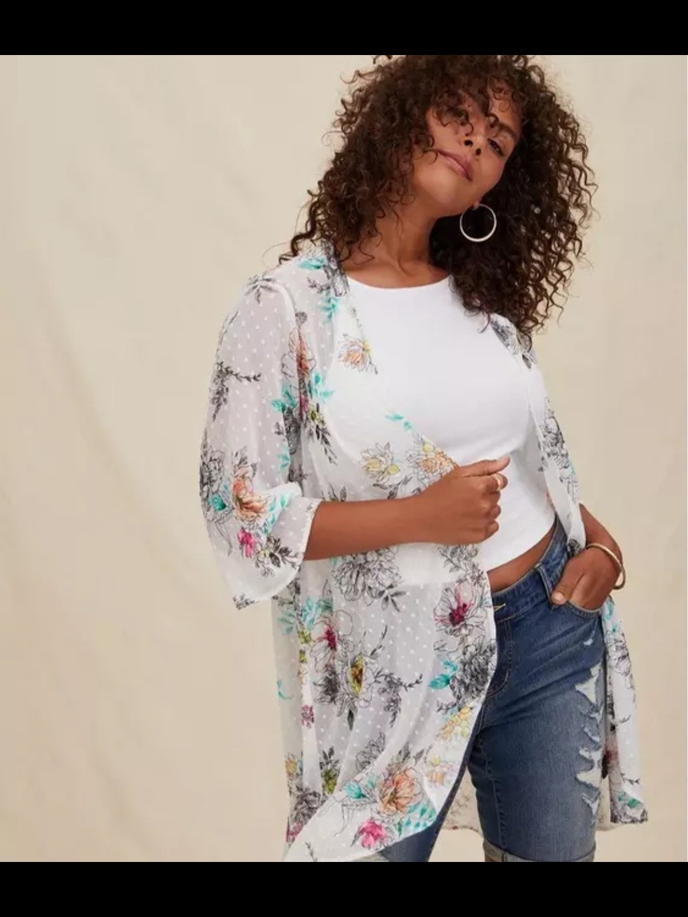 torrid Size 00/0 White Sheer Floral Kimono Cover-Up with Polka Detail